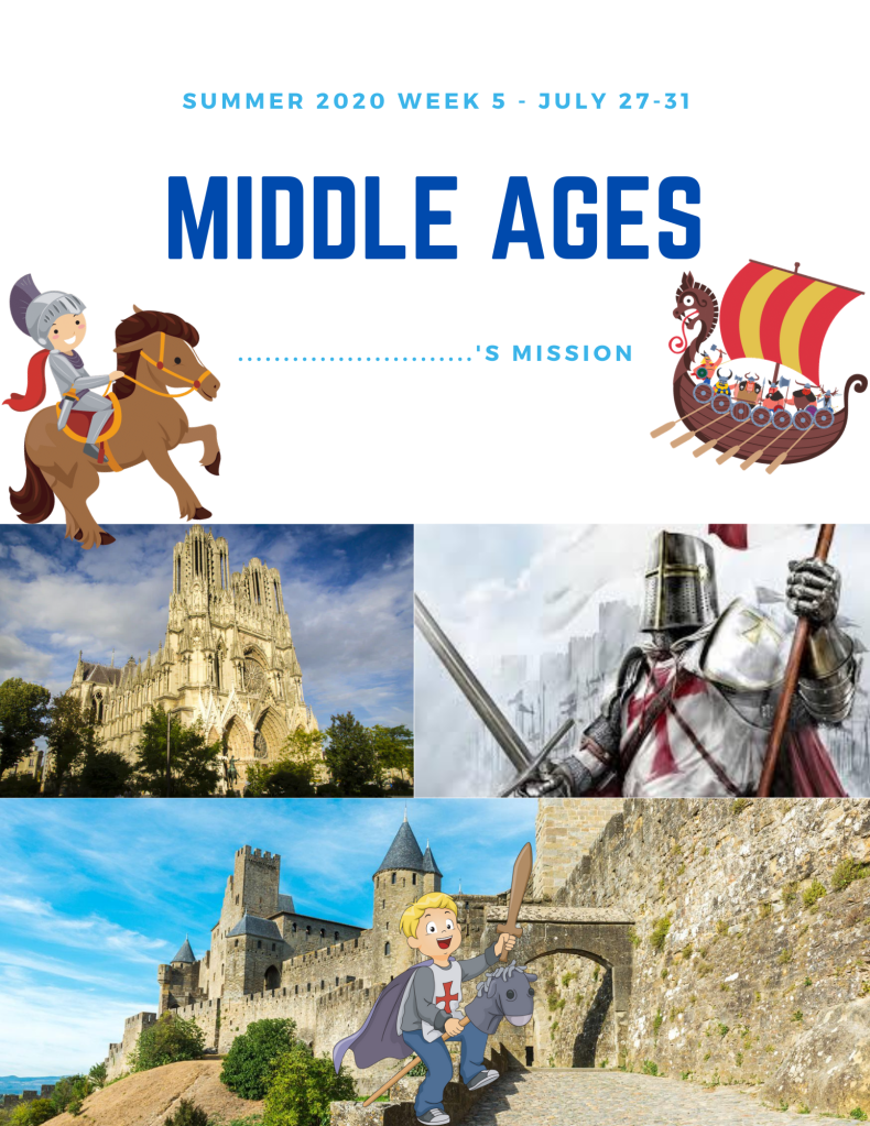 Cover free kids summer camp at home pdf package. Theme: Middle Ages.