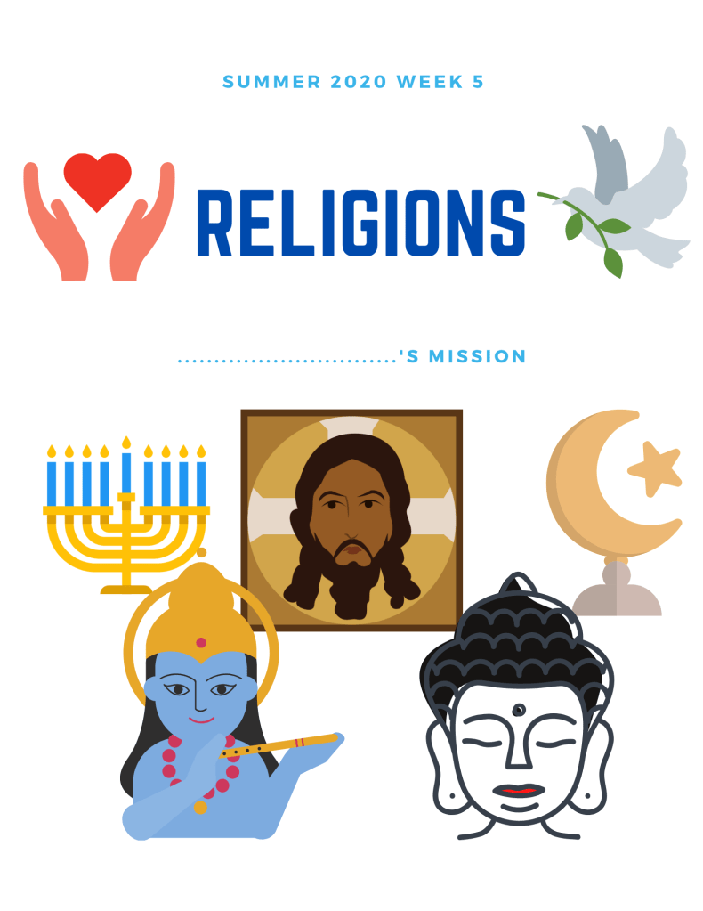 Cover of the free Summer Camp at Home pdf package. Week 5 is about discovering religions.