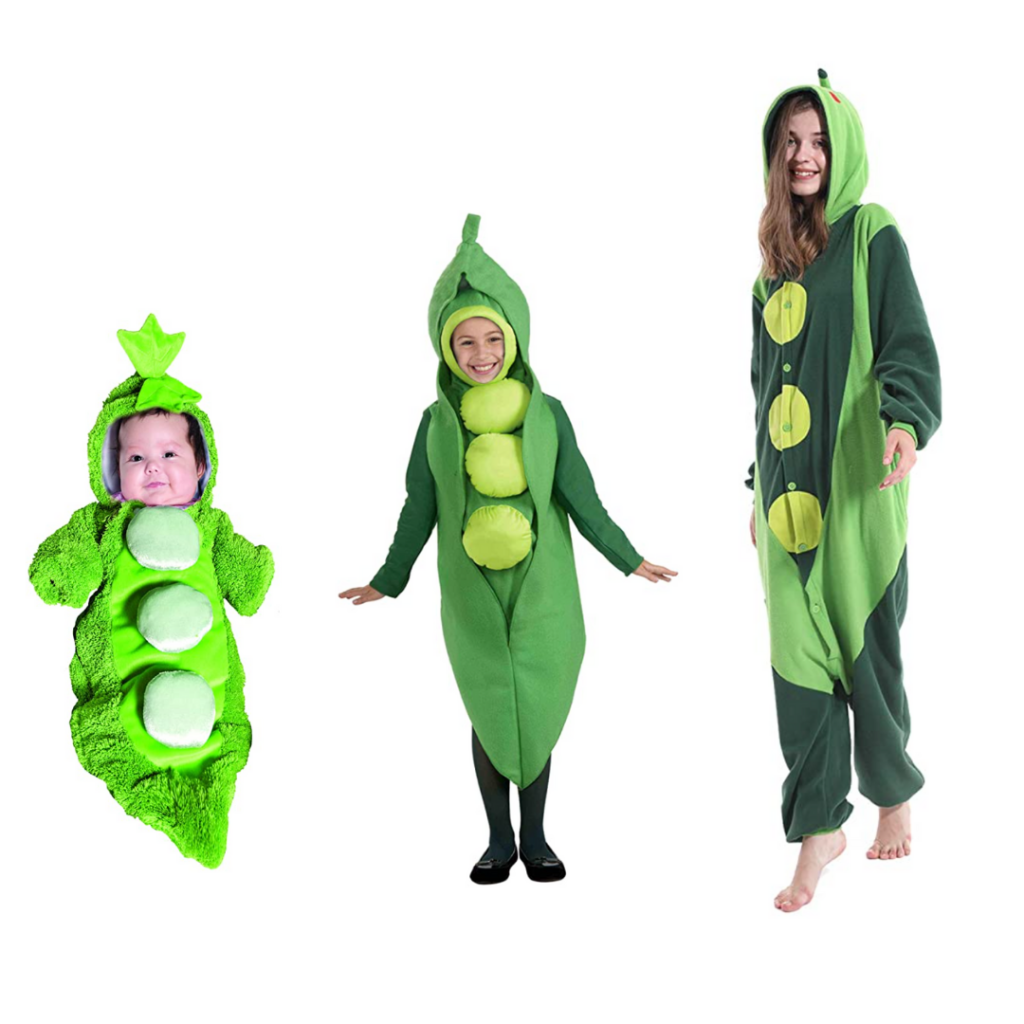 Family in green peas costumes for Halloween