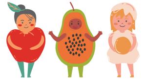 Happy kids in costume veggies fruits egg