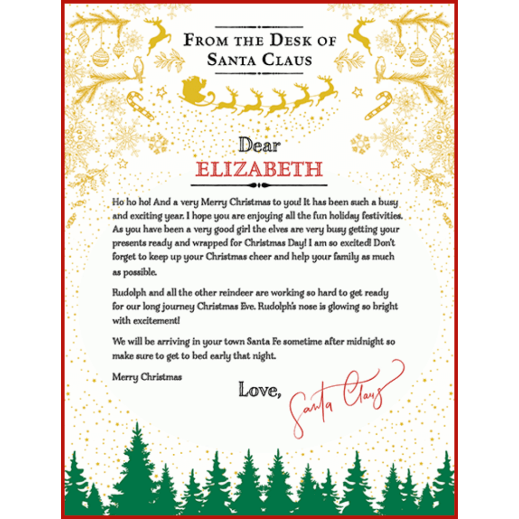 A personalized letter from Santa from Santaletters.org. Holiday season. Christmas happiness for kids.