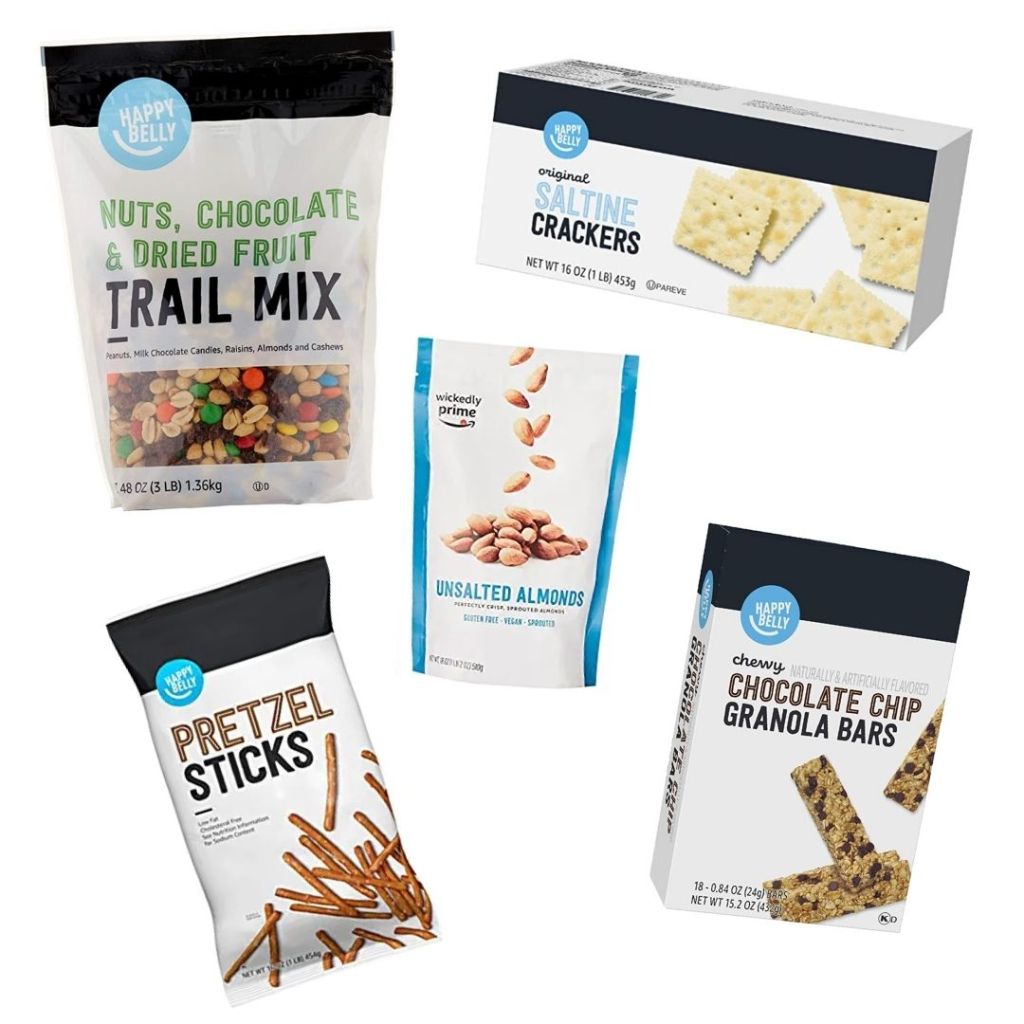 Trail mix, crackers, pretzels, almonds, granola bars. Save 20% on snacks from Amazon brands. Amazon Prime Day 2020.