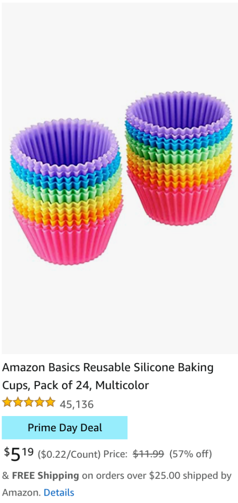 Amazon Basics Reusable Silicone Baking Cups, Pack of 24, Multicolor Amazon Prime Day 2021 deals 