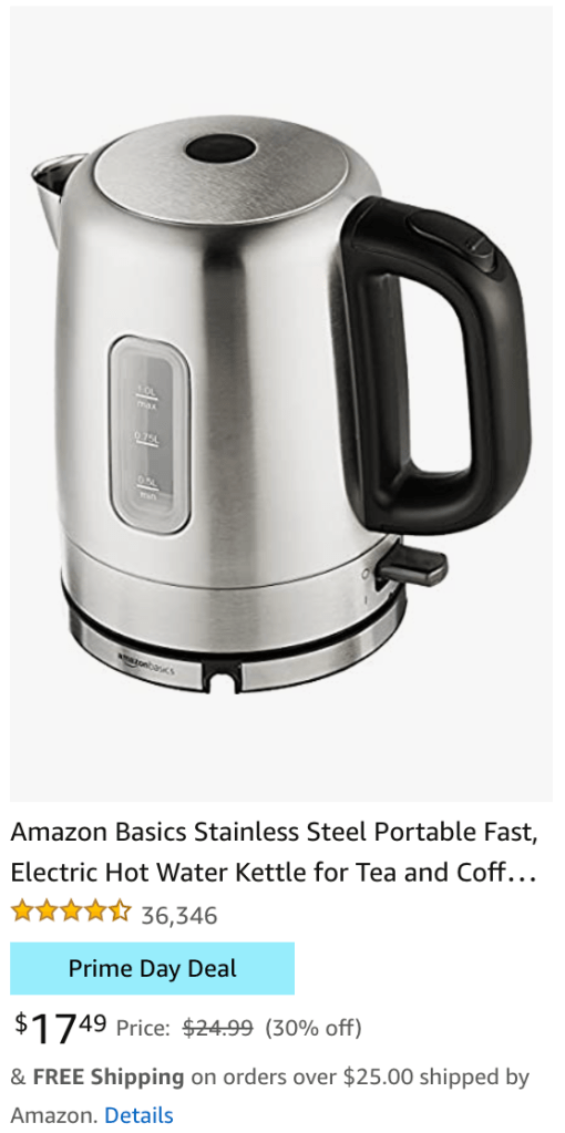 Amazon Basics Stainless Steel Portable Fast, Electric Hot Water Kettle for Tea and Coffee Amazon Prime Day Deal