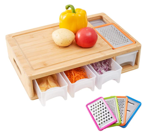 Wood Chopping Board with Containers, Food Dropping Zone and Vegetable Tray with Lid