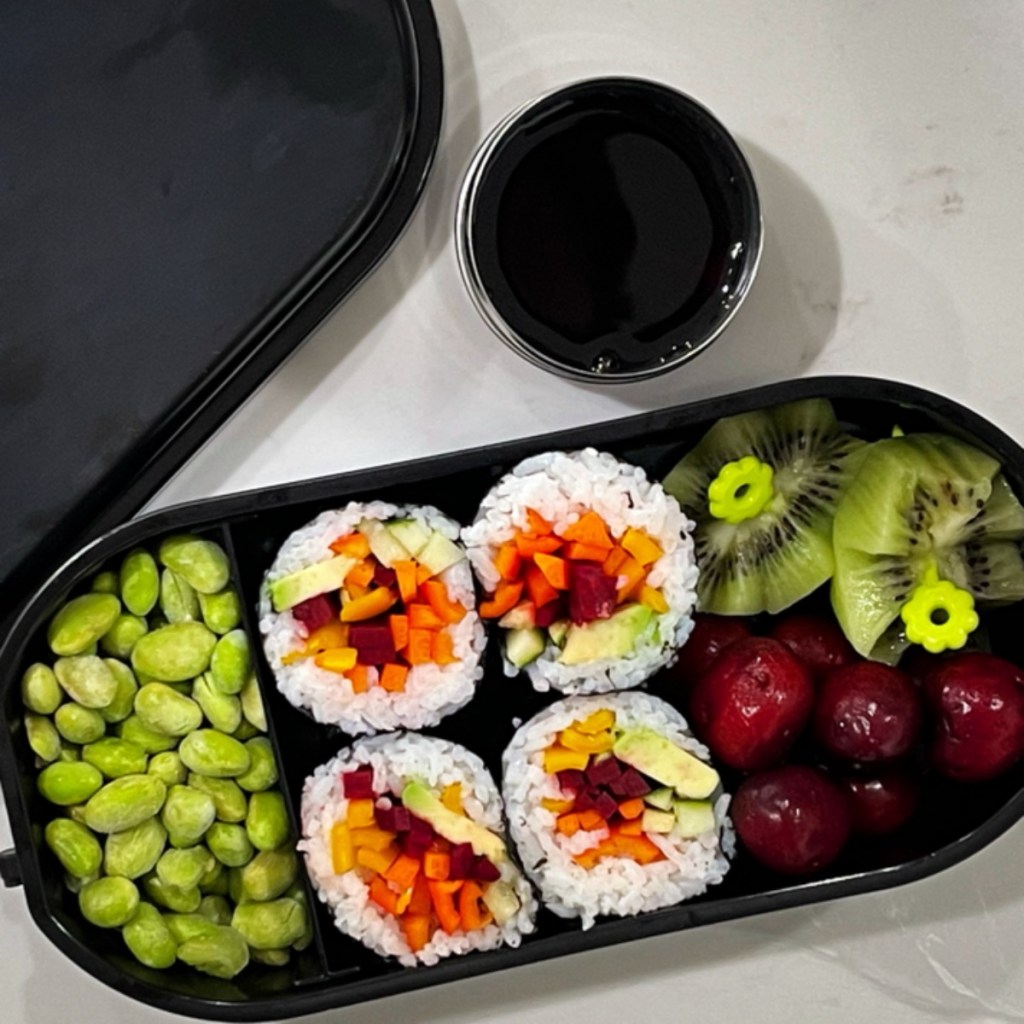 lunchwiththeseasons made a lunchbox with rainbow sushis, and on the side, she put edamame, these tiny green beans, which are also considered as a soy product.