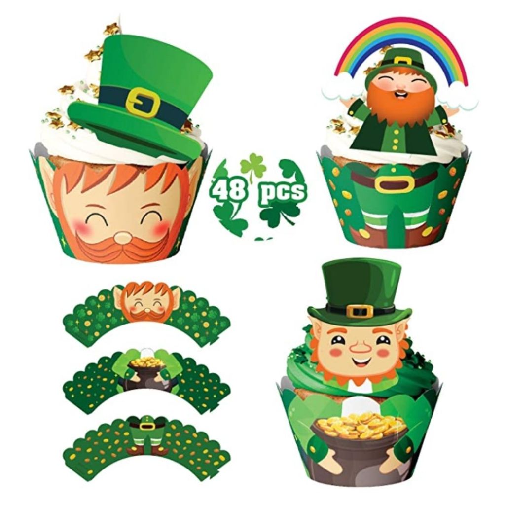 Adorable cupcake wrappers featuring a cute happy leprechaun