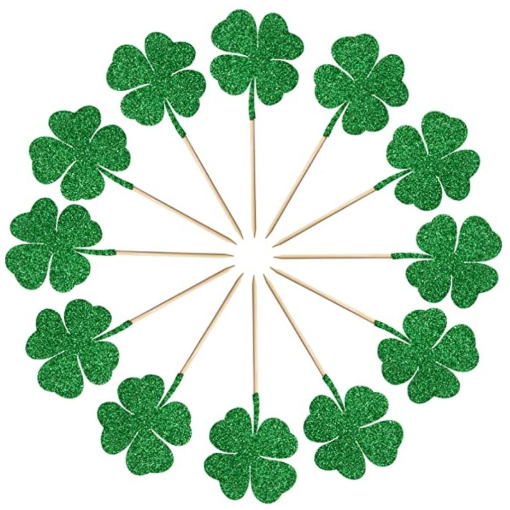 green shiny shamrocks food picks perfect for bringing St. Patricks vibes in the lunchbox