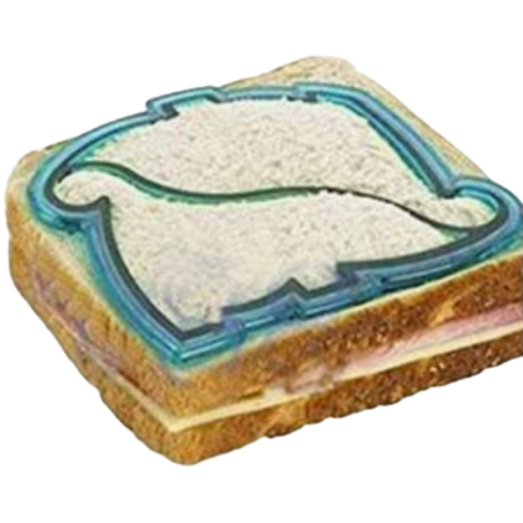 Sandwich with dinosaur-shaped food cutter.