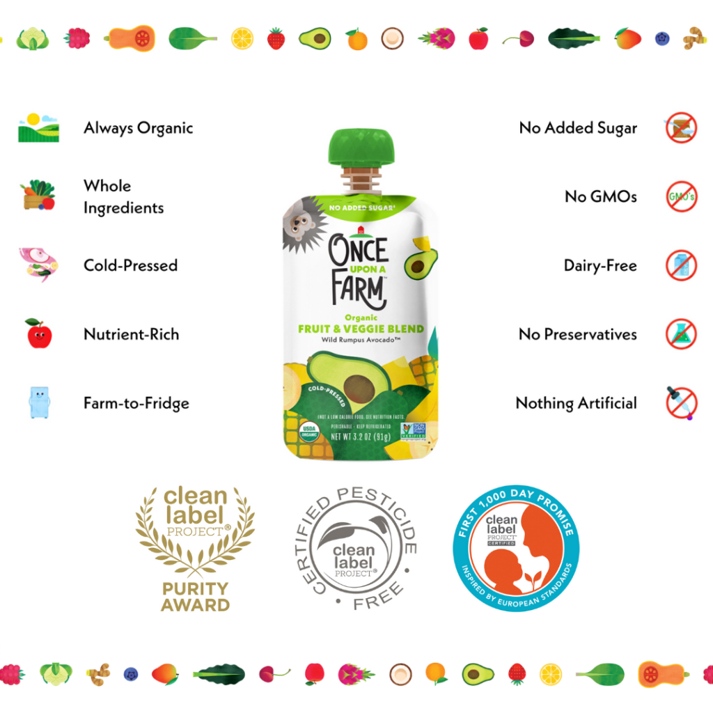 Once Upon a Farm smoothies are praised by parents for the quality of the ingredients and the extra attention of freshness and healthiness.