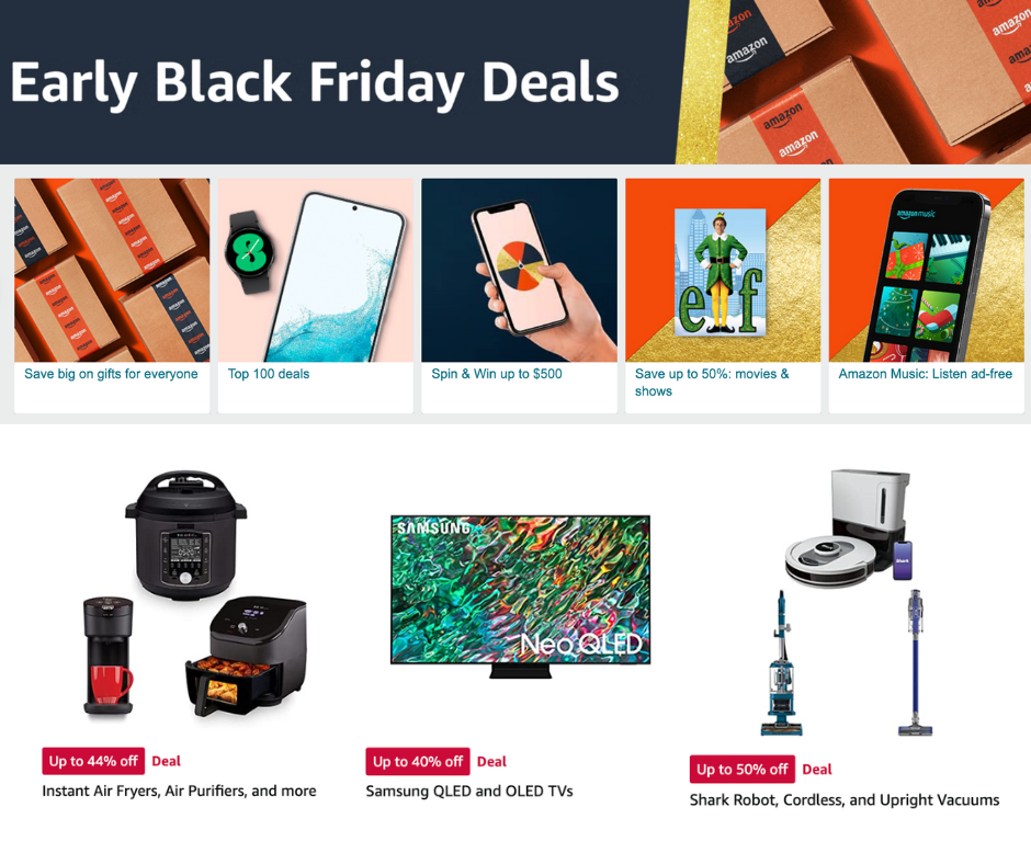 Black Friday deals seen on Amazon Up to 40% oFF on TV, Up to 44% OFF on Instant Air Fryers, Up to 50% OFF on vacuums