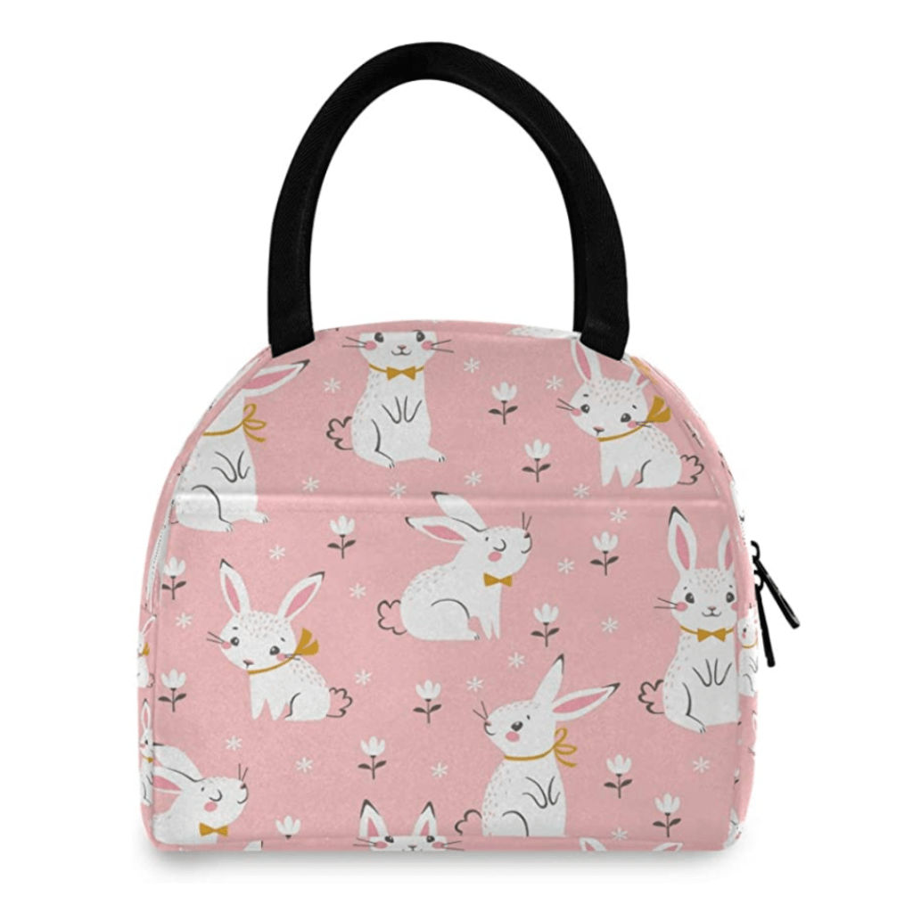 Pink lunch bag with bunnies. Great for Chinese New Year 2023, year of the Rabbit.