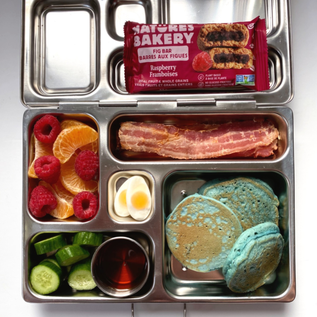 Brunch for kids' lunch in a bento lunchbox with Nature's Bakery granola bar for snack