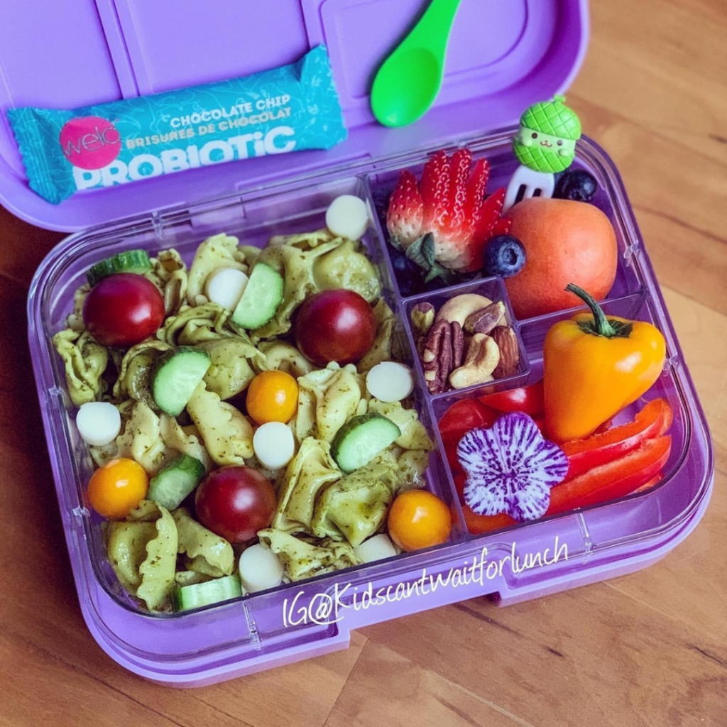 pasta lunch for kids' lunch in a bento lunchbox with welo granola probiotic bar for snack