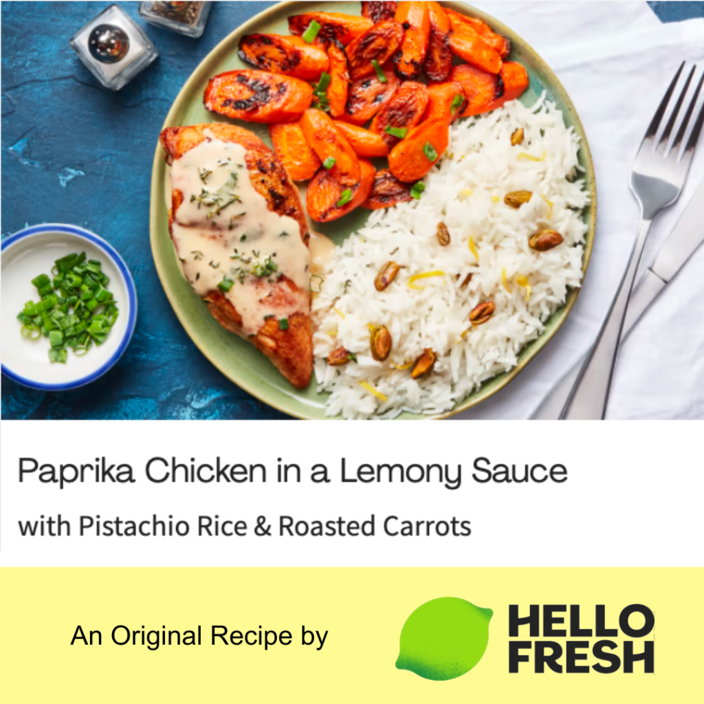 10 Food Ideas celebrating Earth Month for Your Kids’ Lunches with meal kit easy cooking paprika chicken with roasted carrots.