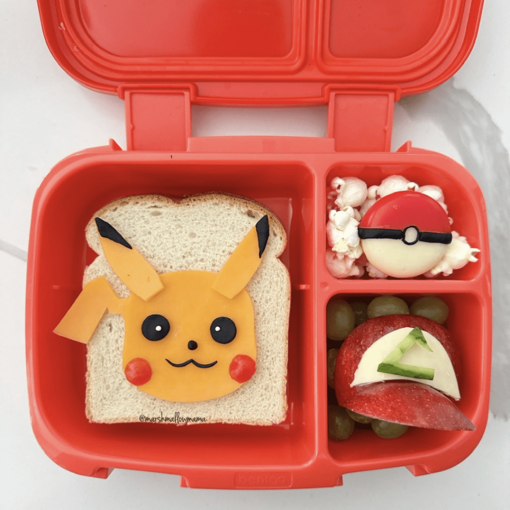 Cheesy Pikachu, Babybel Pokeball, and Apple Sasha's Cap by MarshmallowMama Teuko Kids Lunchbox Ideas Community