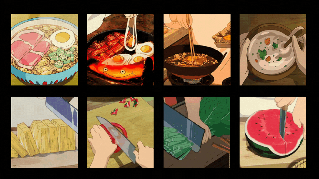 Ghibli cartoons with cooking scenes