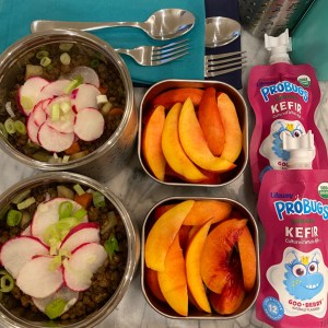 Lentil salad, or Salade de Lentilles in French, for a kid's homemade lunch brought to school.