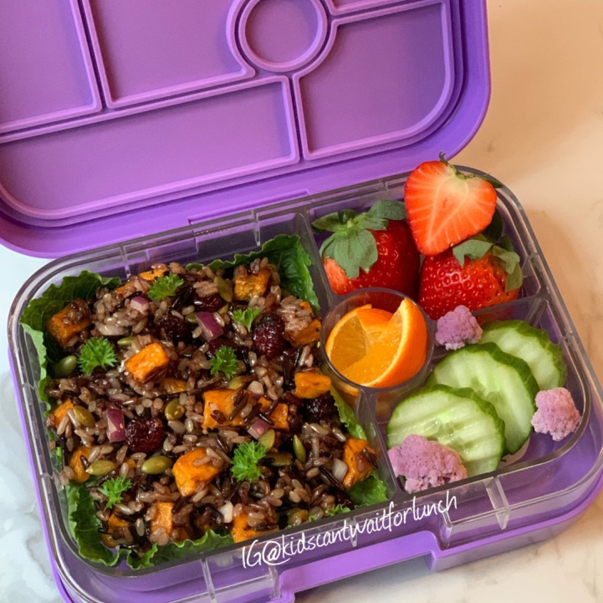 Sweet potato tots included in a delicious rice salad for a kids bento school lunch box