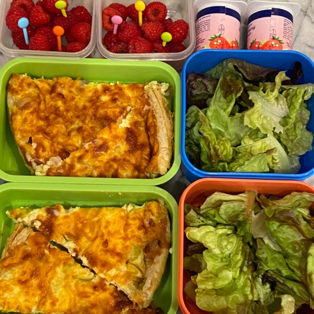 homemade leek tart in kids' lunch boxes