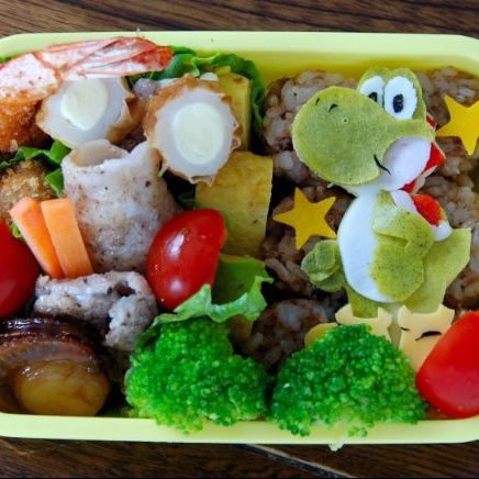 Yoshi pancake in cool Super Mario themed lunchbox for kids
