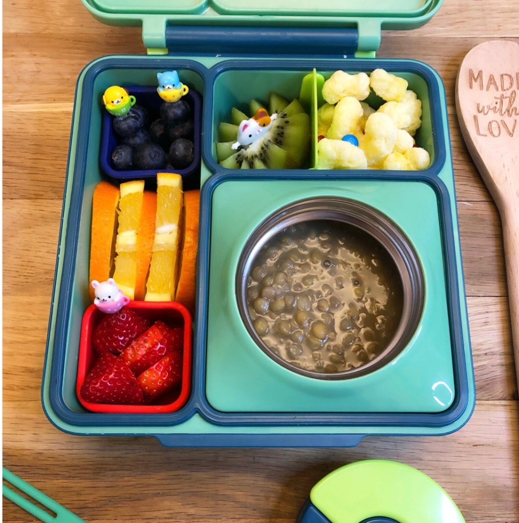 Lentil soup in Omie insulated lunchbox prepared for a lucky kid
