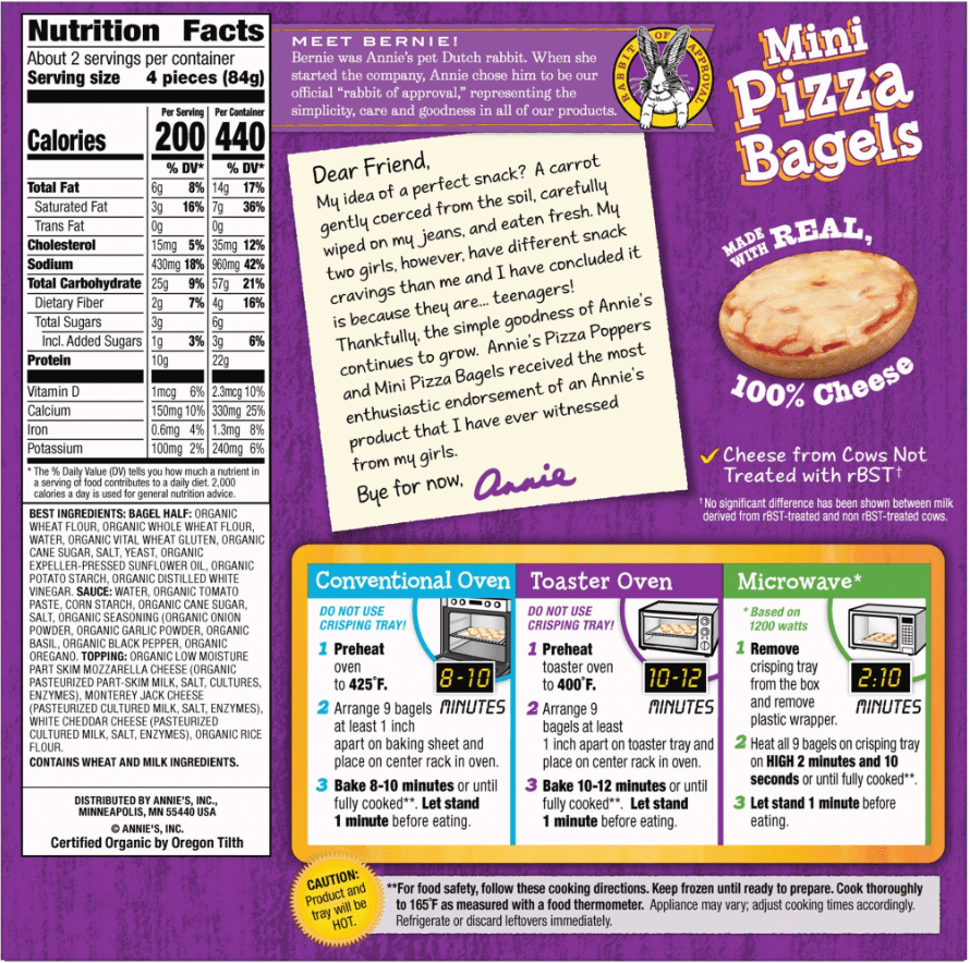 Prep instructions and nutrition facts of Annie's Mini Pizza Bagel