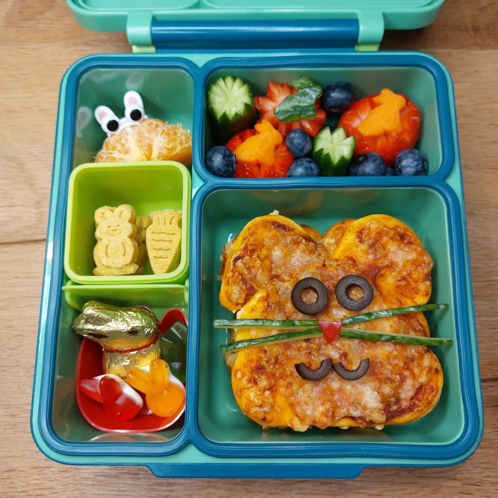 Easter bunny pizza in a kid-friendly bento lunchbox