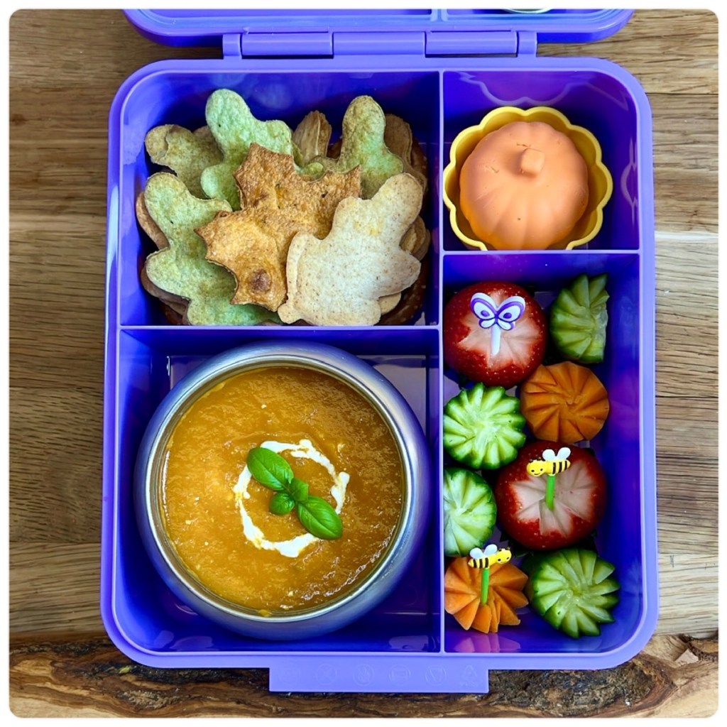Comforting pumpkin soup in a insulated kid's lunchbox