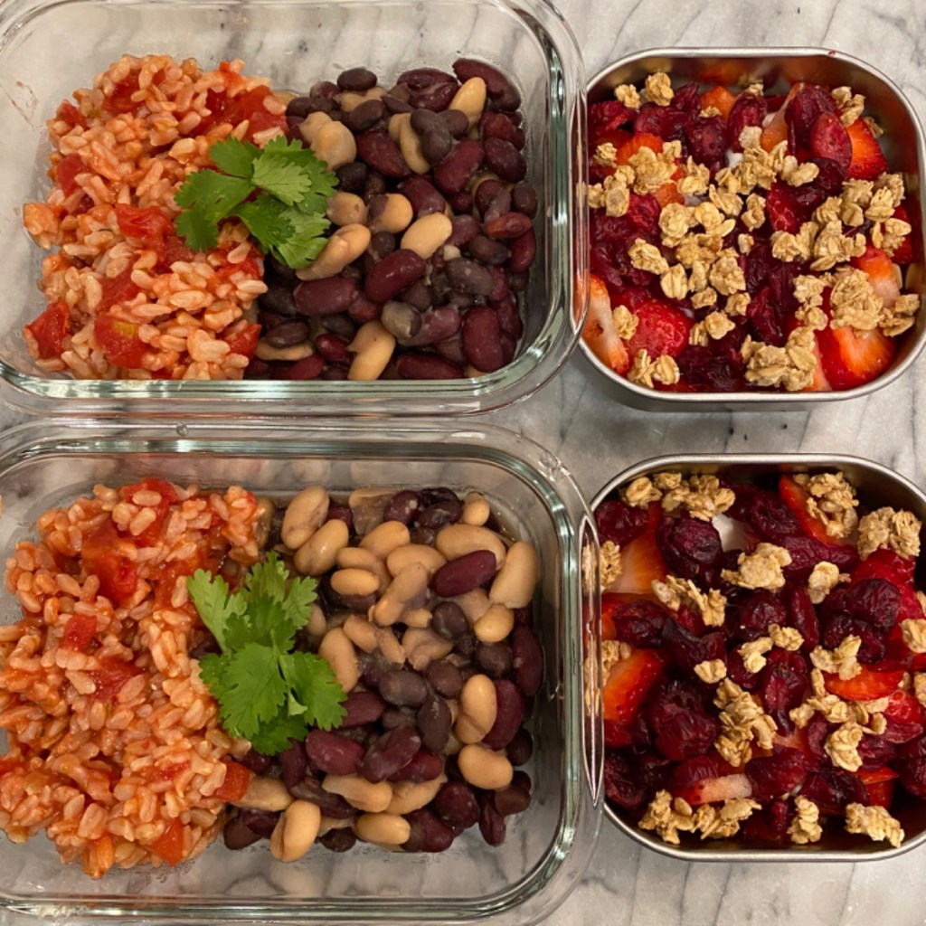 Autumnal veg lunchbox with yogurt parfait topped with cranberries and granola