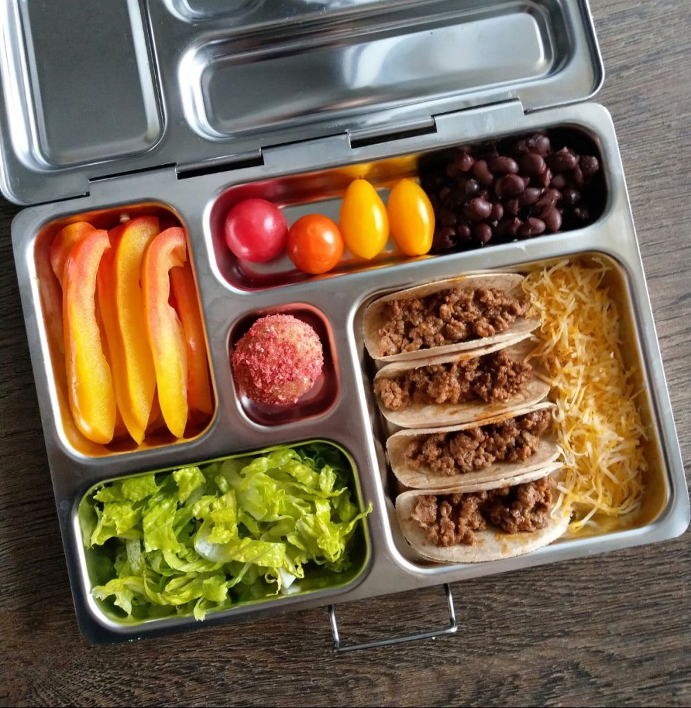 DIY Tacos in a Planetbox stainless stell lunchbox for a fun and delicious kid's lunchtime at school