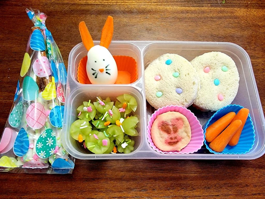 Hard-boiled egg bunny in a Easter lunchbox for kids