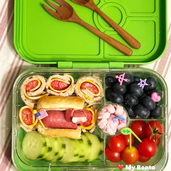 Dog-shaped sausage Hot dog in a 4th of July lunchbox