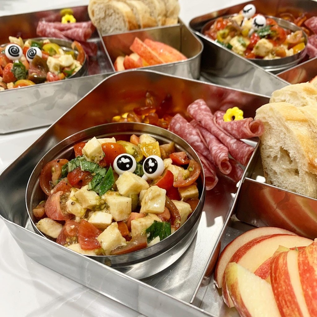 Basil and mozzarella caprese bruschetta for a kid's lunch brought at school