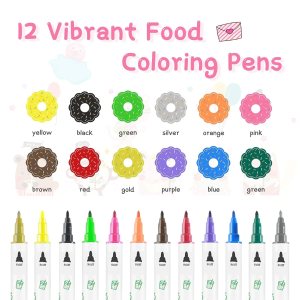 A display of 12 vibrant food coloring pens in various colors including yellow, black, green, silver, orange, pink, brown, red, gold, purple, blue, and green.