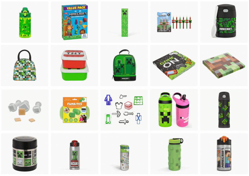 A collage of various Minecraft-themed lunch accessories, including water bottles, lunch boxes, napkins, and snacks.