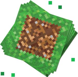 A stack of green napkins featuring a pixelated design of a Minecraft cake, perfect for themed lunches or snacks.