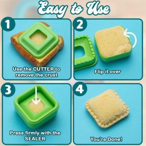 A step-by-step guide on using a sandwich cutter and sealer, demonstrating how to remove the crust, flip the sandwich, and seal it to create a neat, square sandwich.
