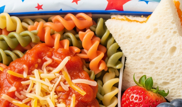 Colorful Fourth of July lunchbox featuring striped pasta, fruit salad, and star-shaped sandwich.