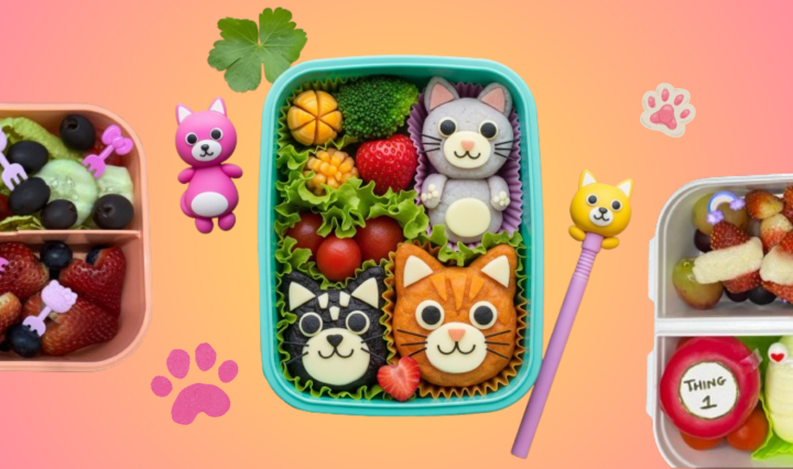 A colorful collection of cat-themed lunchbox ideas for kids, including Hello Kitty, The Cat in the Hat, Felix the Cat, and more creative sandwich and onigiri art.