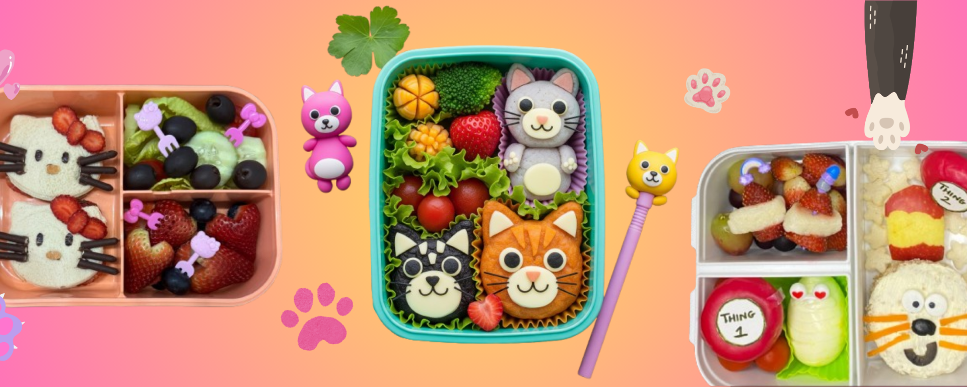 A colorful collection of cat-themed lunchbox ideas for kids, including Hello Kitty, The Cat in the Hat, Felix the Cat, and more creative sandwich and onigiri art.