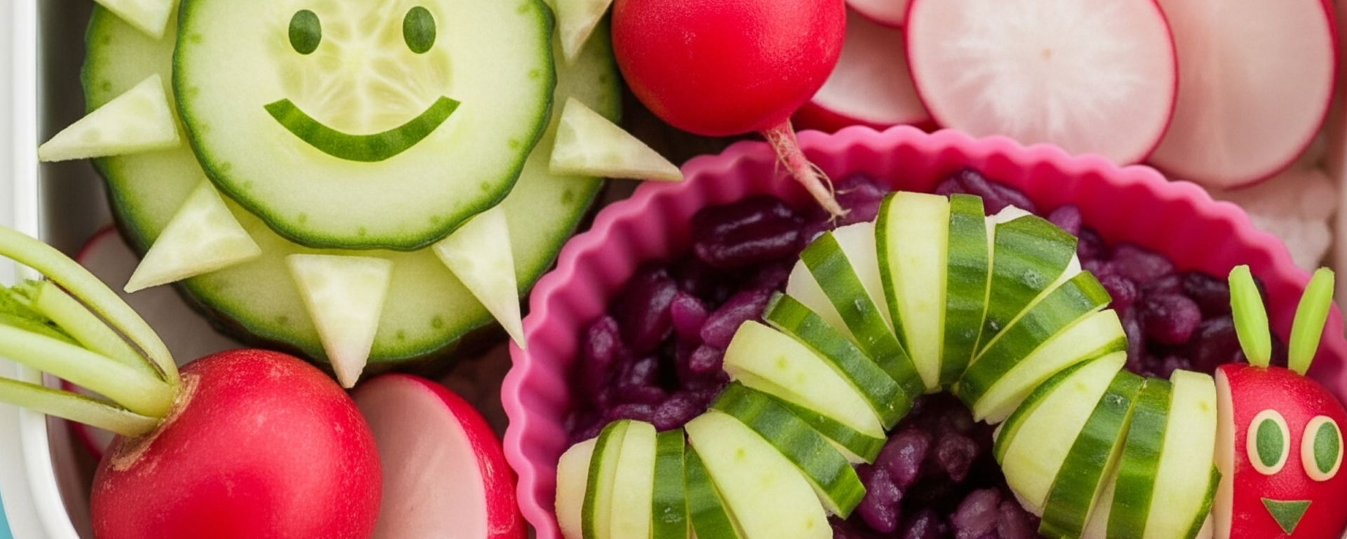 Colorful radish-themed kids lunchbox ideas including tulip radishes and crunchy veggie mix.