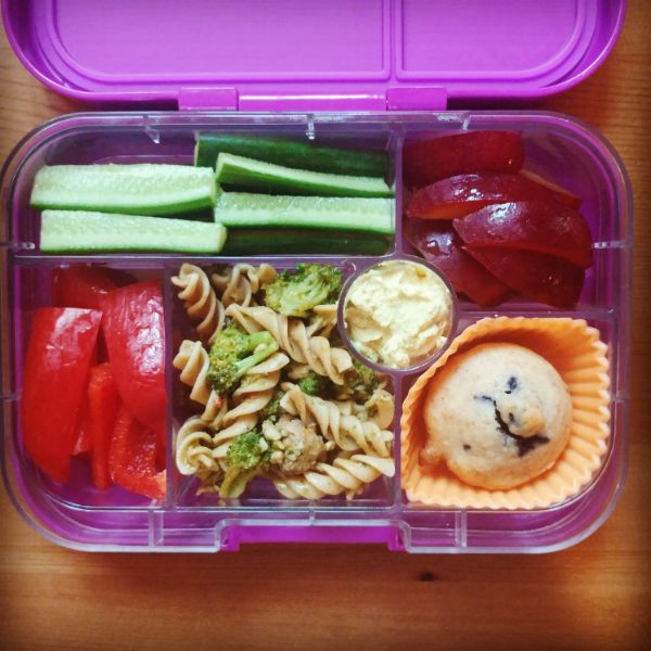 Pasta salad in a kid's lunchbox