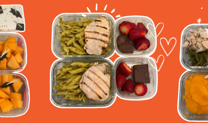 Three school lunchboxes using Trifecta meal prep ingredients: steak with polenta and Mediterranean veggies, pesto chicken pasta, and diced chicken with sweet potato and green beans - easy, balanced meals for kids and teens by Teuko.