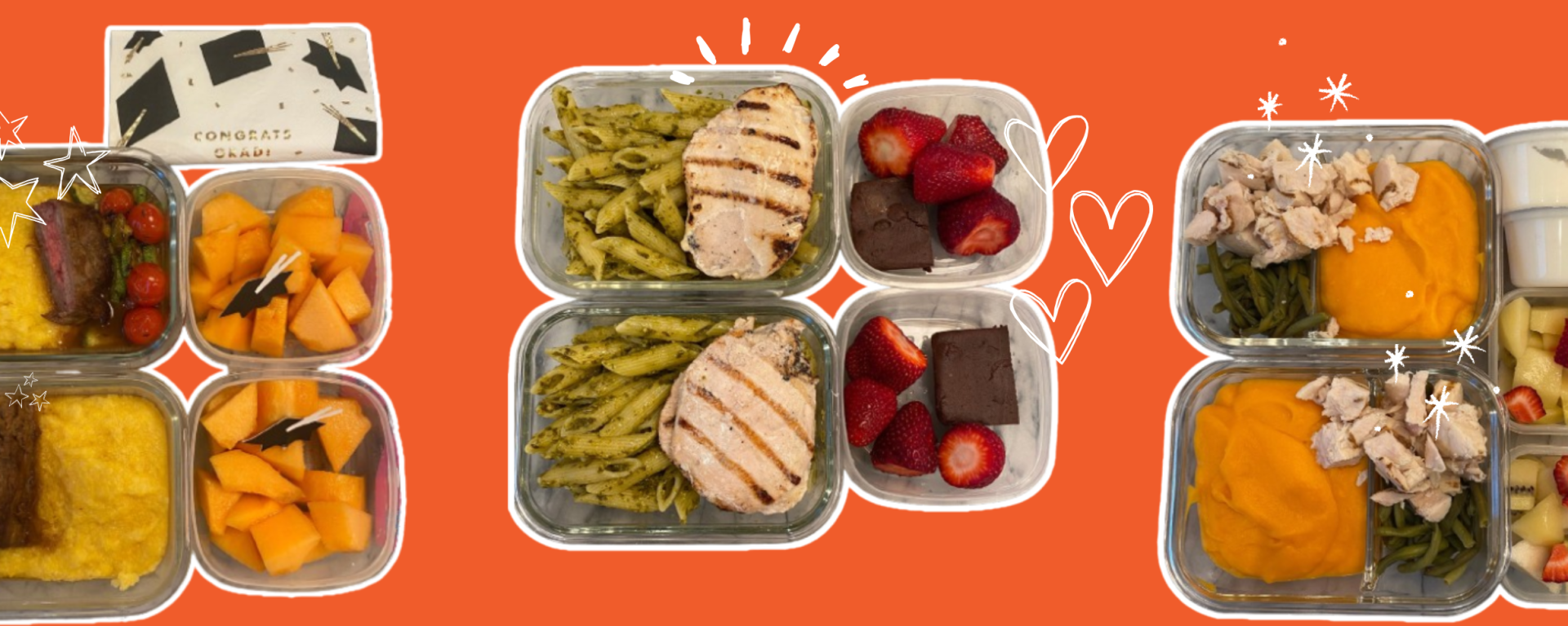 Three school lunchboxes using Trifecta meal prep ingredients: steak with polenta and Mediterranean veggies, pesto chicken pasta, and diced chicken with sweet potato and green beans - easy, balanced meals for kids and teens by Teuko.