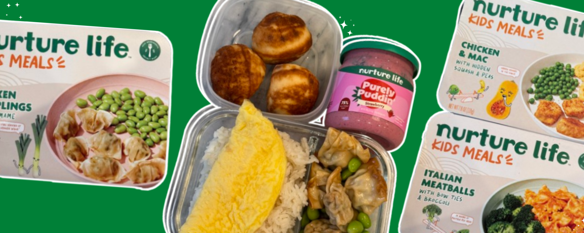 Overhead view of colorful Nurture Life meals styled in a tween lunchbox for summer camp.