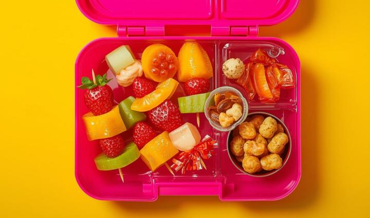 Colorful kids’ lunchbox with fruits and veggies in fun shapes and bite-sized portions.