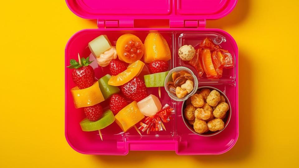 Colorful kids’ lunchbox with fruits and veggies in fun shapes and bite-sized portions.