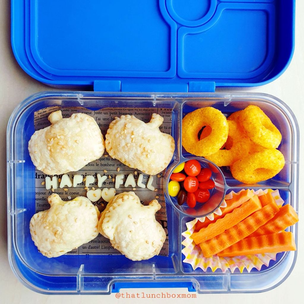 Happy Fall bites in a blue Yumbox bento lunchbox