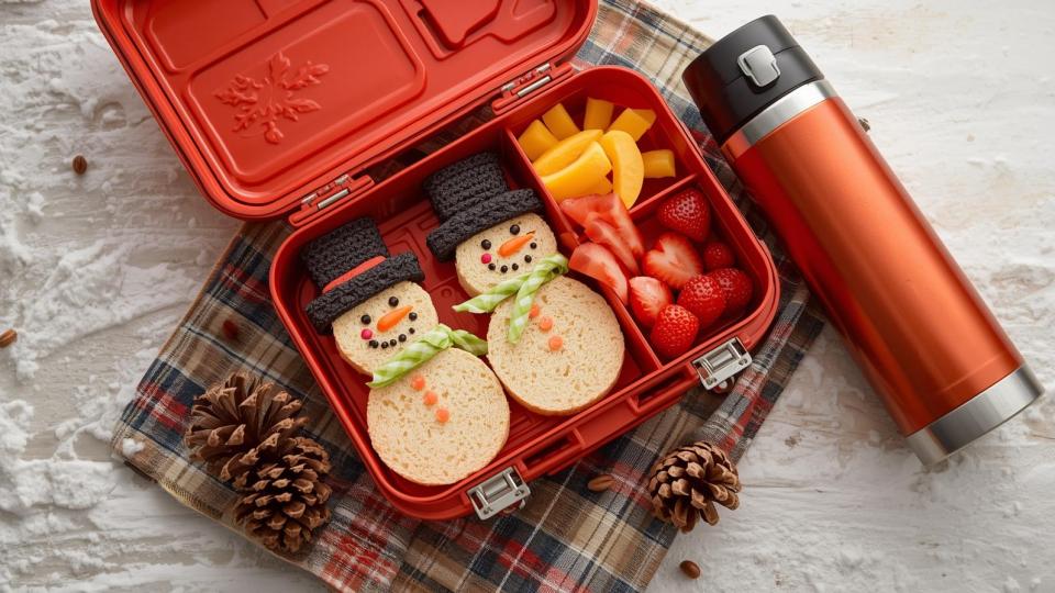Snowman-themed holiday lunchbox with sandwiches and fruit.